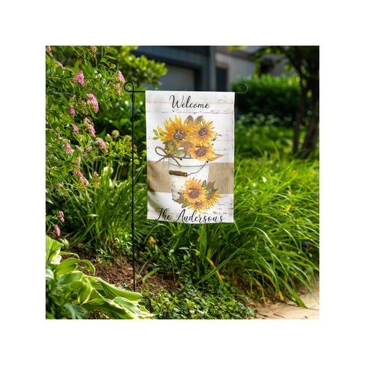 Sunflower Pail Garden Flag/ Old Metal Pail Full of Sunflowers and White Barn Board Background/ Farmhouse Decor and Gift