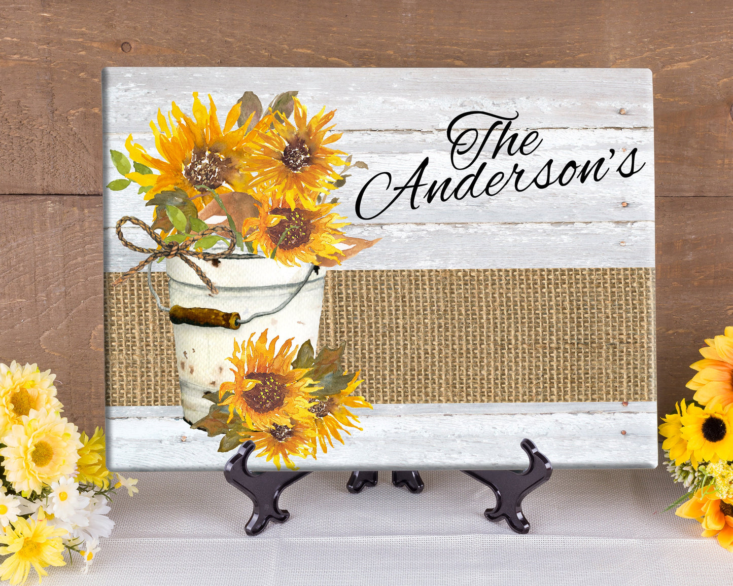 Personalized Glass Cutting Board/ Old Metal Pail Full of Sunflowers on White Barn Board Background/ Farmhouse Decor/ Wedding Present