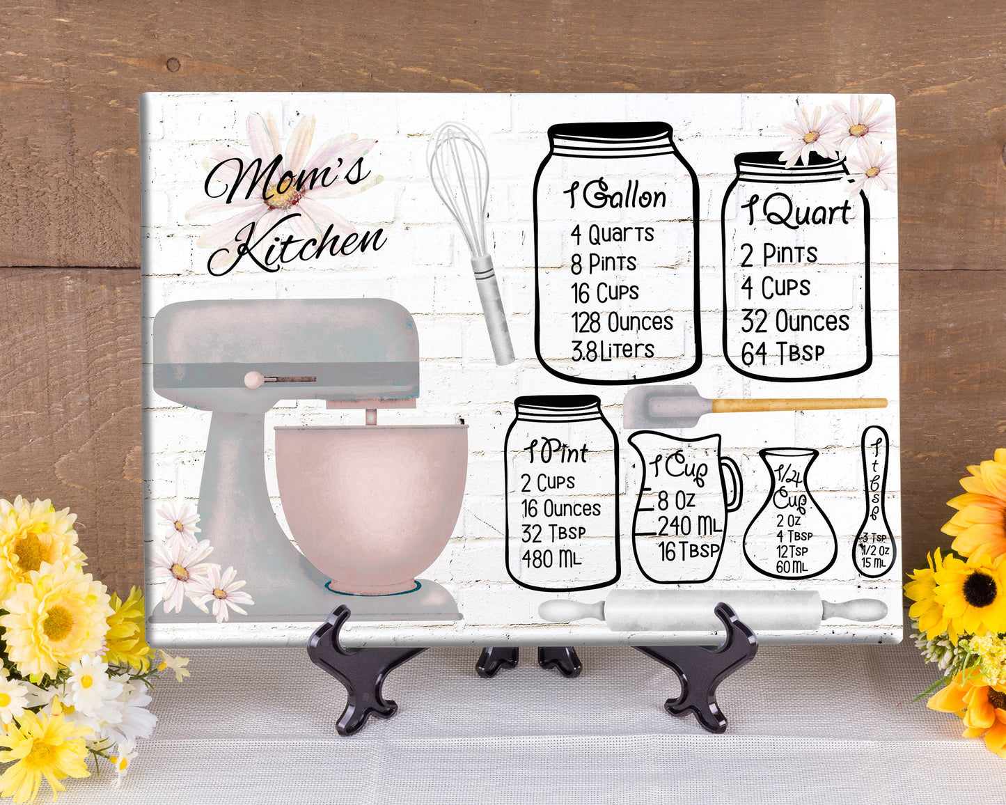 Personalized Glass Cutting Board/ Conversion Chart With Cooking Mixer on  Country Brick Background/ Farmhouse Decor/ Cooker Present