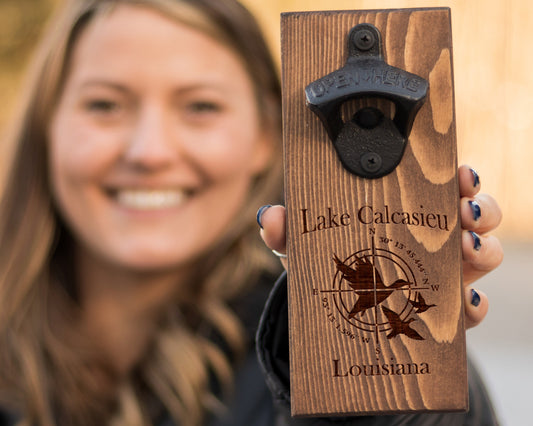 Wall Hanging Bottle Opener/Custom Duck Compass Coordinates/ Laser Engraved With Hunters Favorite City/Lake/ Lodge/ Duck Hunters Gift