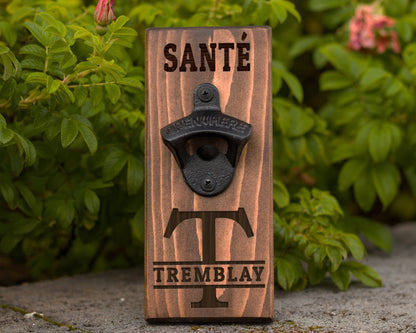 Sante Wall Hanging Bottle Opener/ Personalized With Family Name/ French Meaning To Your Health/ French Beer Drinker Gift/ Man Cave Décor