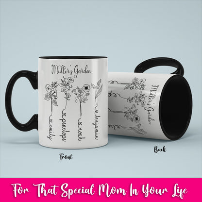 Custom Mother's Day Birth Flower Mug/ Personalized Children Names With Ending Heart/ Child Month Of Flower/ Mother's Birthday Gift/