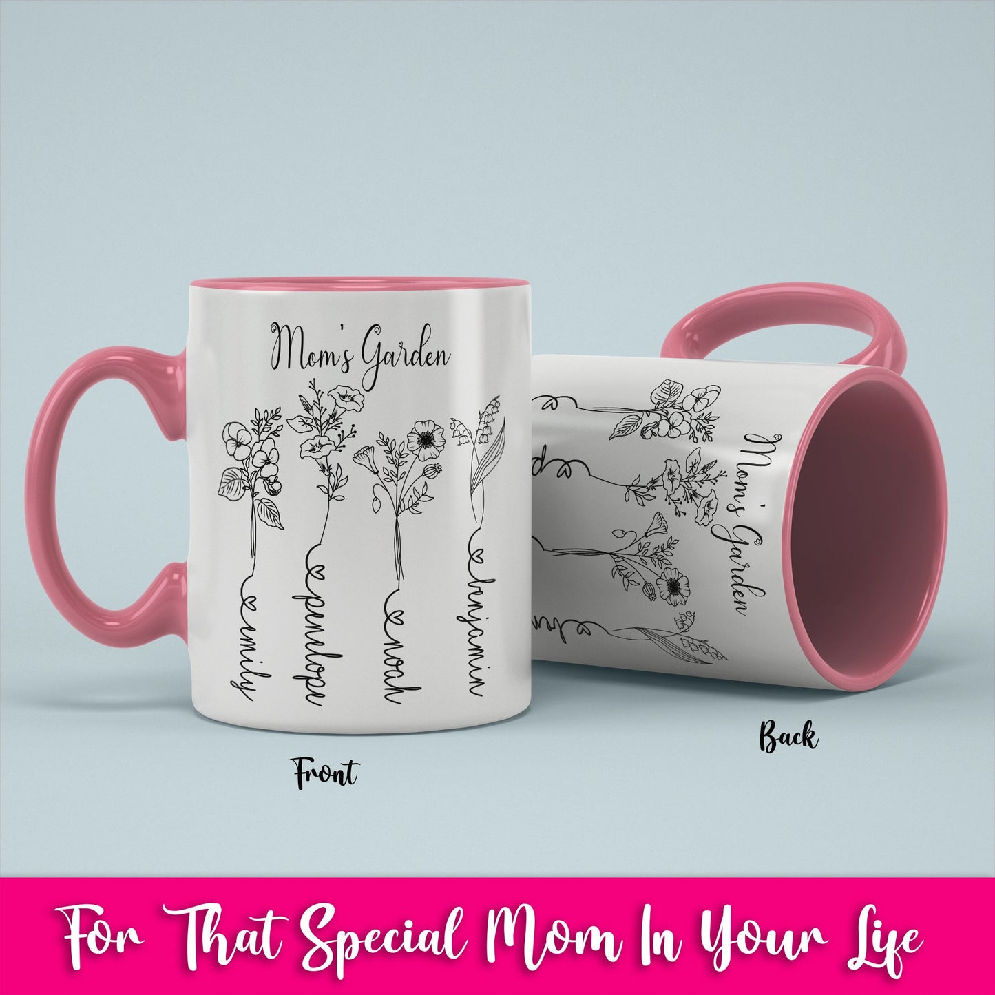 Custom Mother's Day Birth Flower Mug/ Personalized Children Names With Ending Heart/ Child Month Of Flower/ Mother's Birthday Gift/