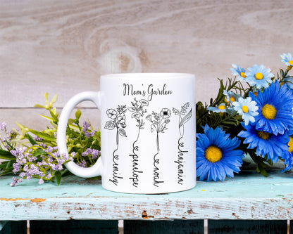 Custom Mother's Day Birth Flower Mug/ Personalized Children Names With Ending Heart/ Child Month Of Flower/ Mother's Birthday Gift/