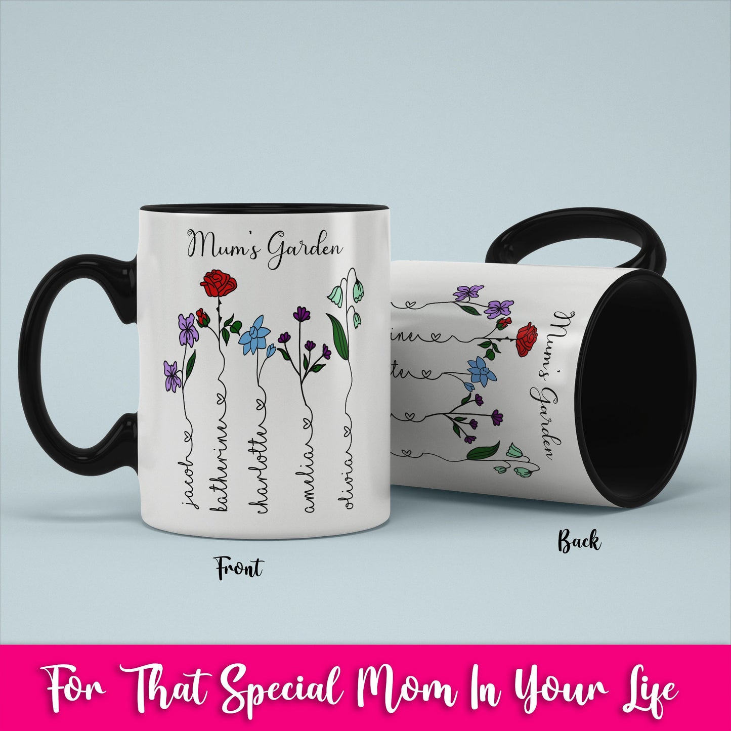 Custom Mother's Day Color Birth Flower Mug/ Personalized Children Names With Ending Heart/ Child Month Of Flower/ Mother's Birthday Gift