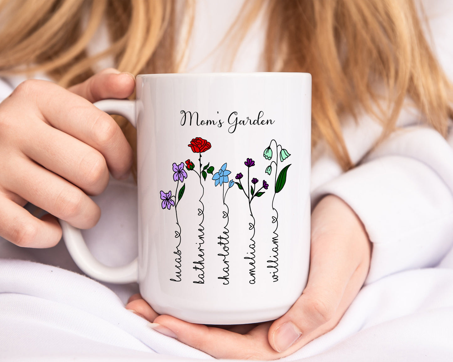 Custom Mother's Day Color Birth Flower Mug/ Personalized Children Names With Ending Heart/ Child Month Of Flower/ Mother's Birthday Gift