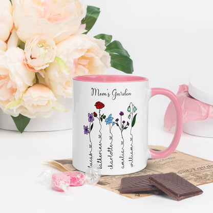 Custom Mother's Day Color Birth Flower Mug/ Personalized Children Names With Ending Heart/ Child Month Of Flower/ Mother's Birthday Gift