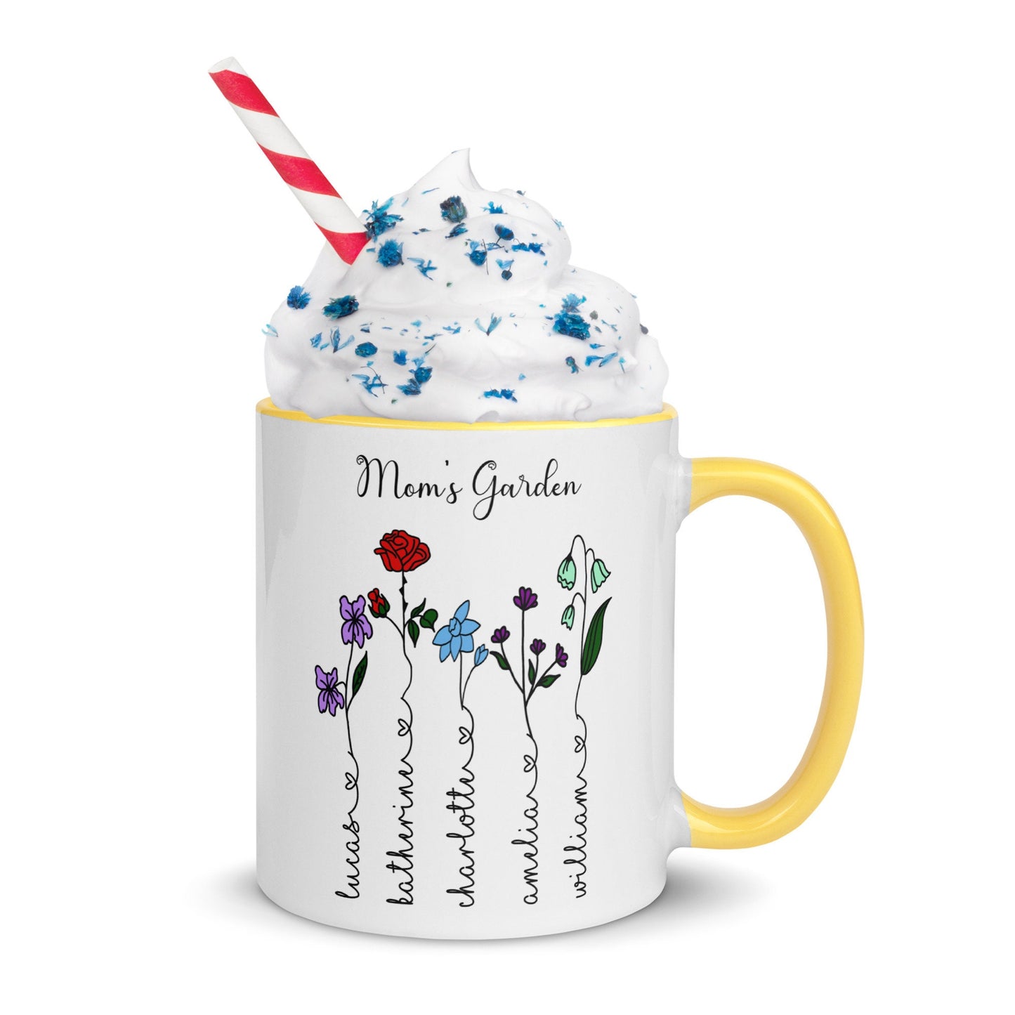 Custom Mother's Day Color Birth Flower Mug/ Personalized Children Names With Ending Heart/ Child Month Of Flower/ Mother's Birthday Gift