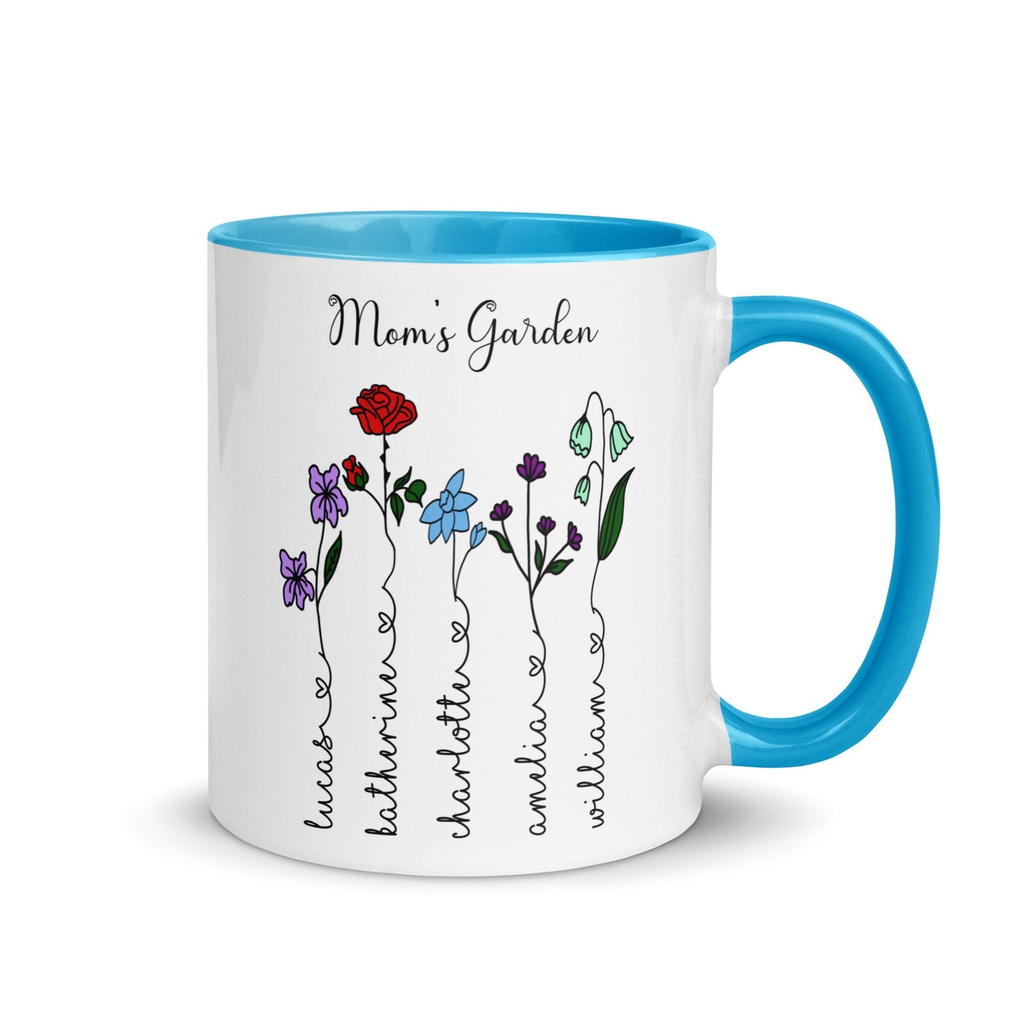 Custom Mother's Day Color Birth Flower Mug/ Personalized Children Names With Ending Heart/ Child Month Of Flower/ Mother's Birthday Gift