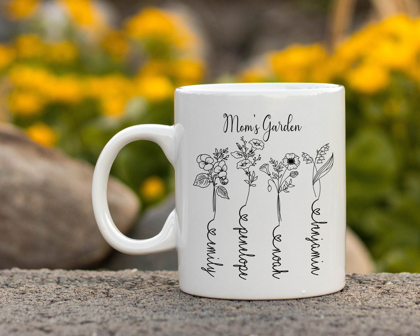 Custom Mother's Day Birth Flower Mug/ Personalized Children Names With Ending Heart/ Child Month Of Flower/ Mother's Birthday Gift/