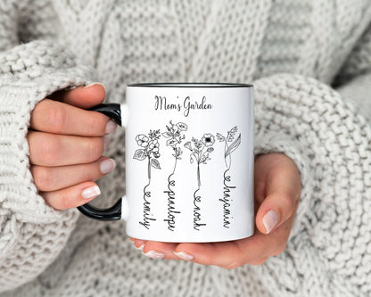 Custom Mother's Day Birth Flower Mug/ Personalized Children Names With Ending Heart/ Child Month Of Flower/ Mother's Birthday Gift/