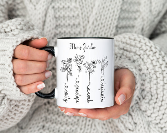 Custom Mother's Day Birth Flower Mug/ Personalized Children Names With Ending Heart/ Child Month Of Flower/ Mother's Birthday Gift/