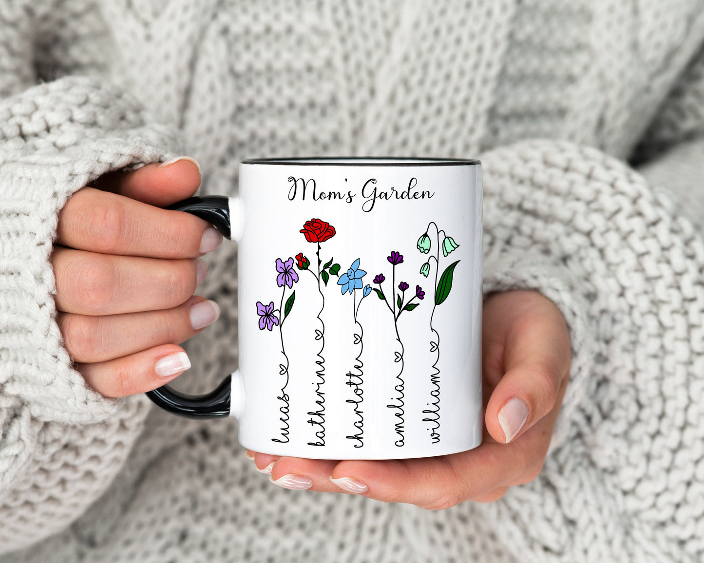 Custom Mother's Day Color Birth Flower Mug/ Personalized Children Names With Ending Heart/ Child Month Of Flower/ Mother's Birthday Gift