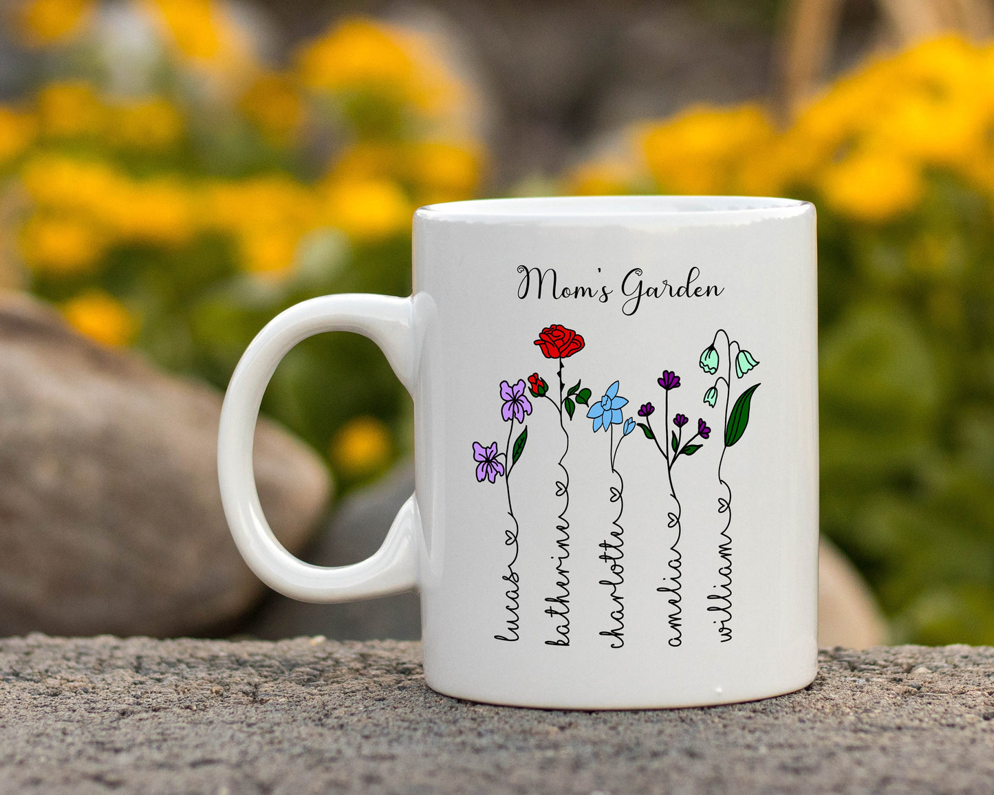 Custom Mother's Day Color Birth Flower Mug/ Personalized Children Names With Ending Heart/ Child Month Of Flower/ Mother's Birthday Gift