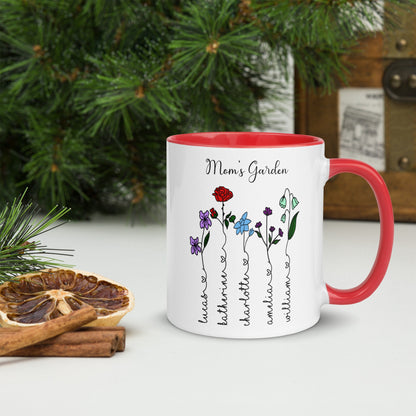 Custom Mother's Day Color Birth Flower Mug/ Personalized Children Names With Ending Heart/ Child Month Of Flower/ Mother's Birthday Gift