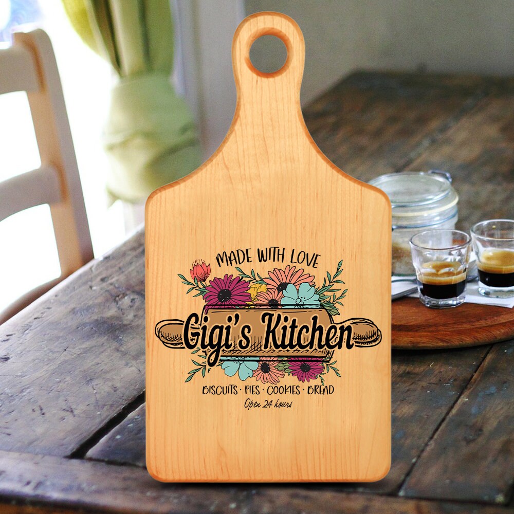 Maple Paddle Cheese Cutting Board With Engraved Mom, Mama, Gigi, Grandma, Mimi, Nana Name With Colored Bouquet of Flowers, Made With Love