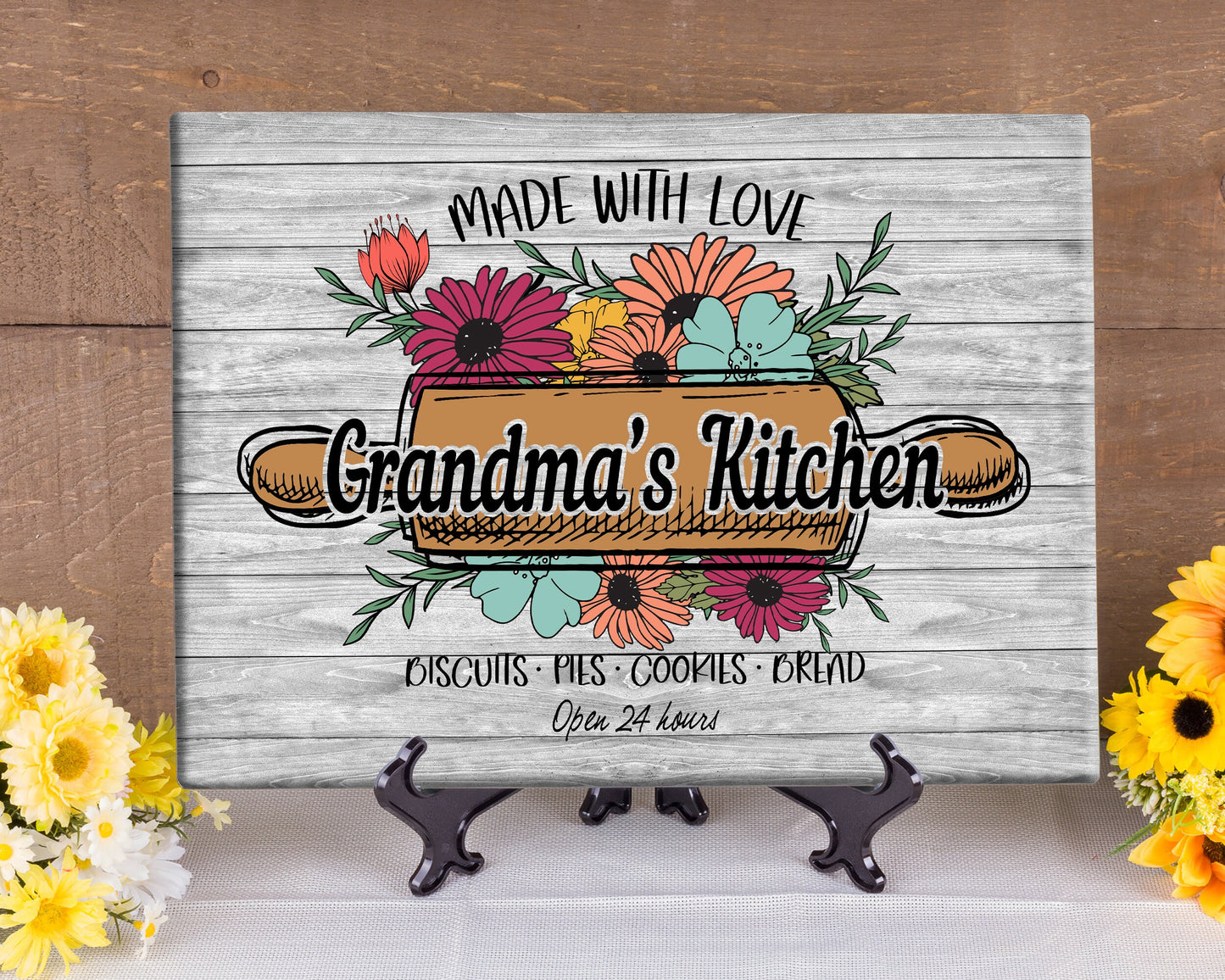 Tempered Glass Cutting Board/ With Engraved Mom, Mama, Gigi, Grandma, Mimi, Nana Name With Colored Bouquet of Flowers, Made With Love