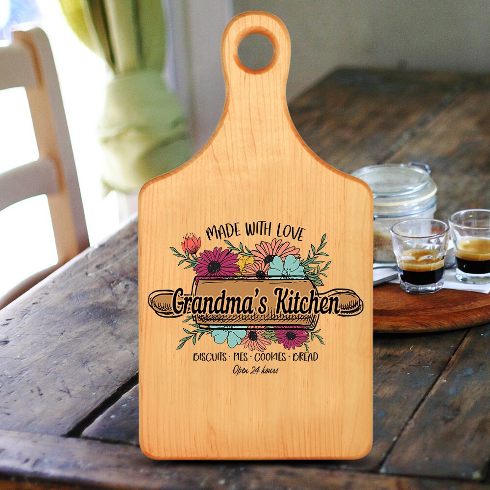 Maple Paddle Cheese Cutting Board With Engraved Mom, Mama, Gigi, Grandma, Mimi, Nana Name With Colored Bouquet of Flowers, Made With Love