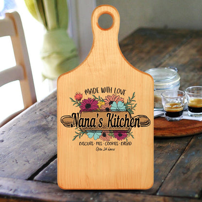 Maple Paddle Cheese Cutting Board With Engraved Mom, Mama, Gigi, Grandma, Mimi, Nana Name With Colored Bouquet of Flowers, Made With Love