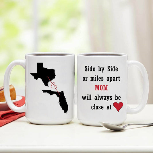 Personalized Family Coffee Cup From Two Different States, Far Apart Family, Friends, Mom, Dad, Brothers and Sisters Miles Apart Gift