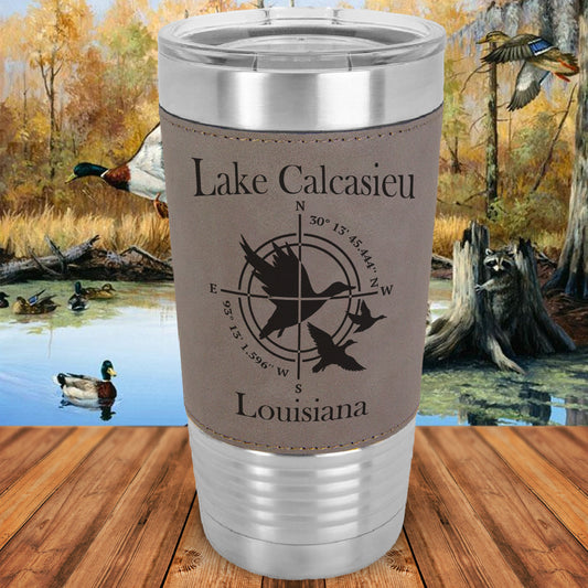 Custom 20oz Leatherette Tumbler - Duck Hunter Design with Coordinates - Name Of Favorite Hunting Place - Father's Day Gift