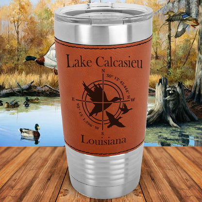 Custom 20oz Leatherette Tumbler - Duck Hunter Design with Coordinates - Name Of Favorite Hunting Place - Father's Day Gift