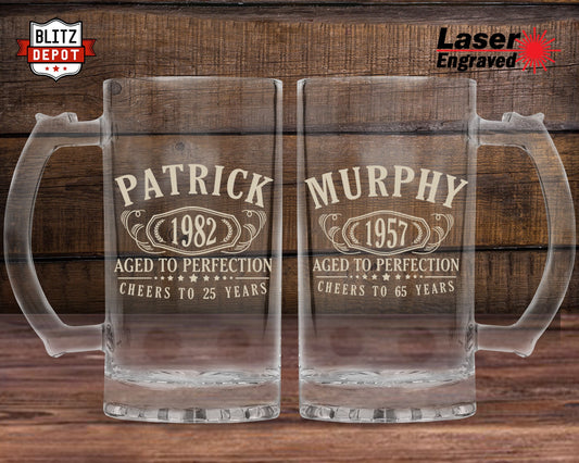 16oz Personalized Beer Mug/ Custom Laser Engraved/ Great for Bar Owners/ Pub Owners/ Tavern And Super Bowl Parties/ Birthday Gifts for Men