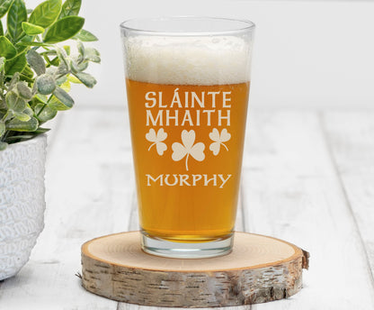 Personalized Slàinte Mhaith Pint Beer Glass/Laser Etched With Name/ Gift For Both The Scottish And Irish Wishing Good Health