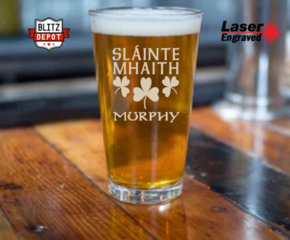 Personalized Slàinte Mhaith Pint Beer Glass/Laser Etched With Name/ Gift For Both The Scottish And Irish Wishing Good Health