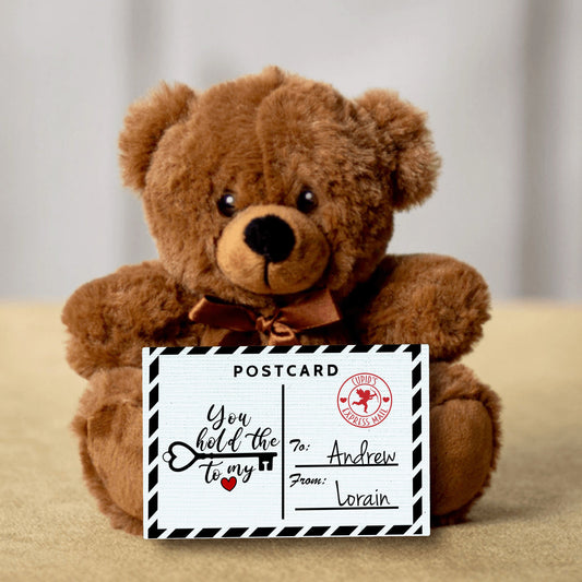 Soft Personalized Teddy Bear - Custom Post Card With Message - You Hold The Key To My Heart- Perfect Valentine's Gift