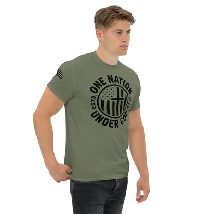 One Nation Under God/ Men's Classic T-Shirt/ We The People Sleeve Flag Emblem/ Patriotic America Design/ Supporting God And Christians