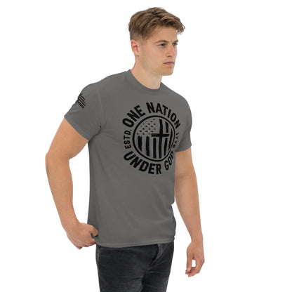 One Nation Under God/ Men's Classic T-Shirt/ We The People Sleeve Flag Emblem/ Patriotic America Design/ Supporting God And Christians