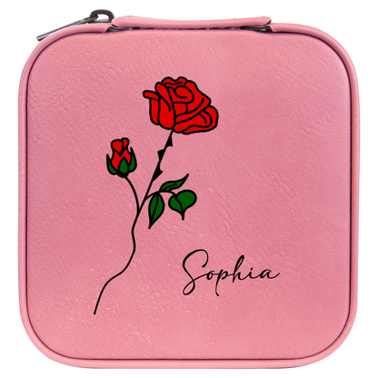 Personalized Travel Jewelry Box – Custom Engraved Name & Color Birth Flower, Gift for Her, Mother's Day, Birthday