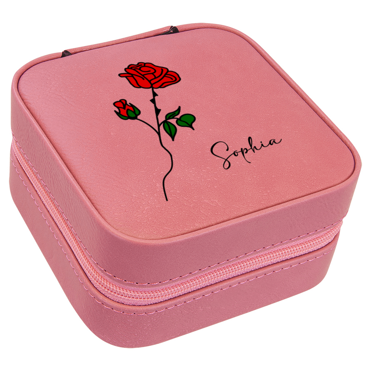 Personalized Travel Jewelry Box – Custom Engraved Name & Color Birth Flower, Gift for Her, Mother's Day, Birthday