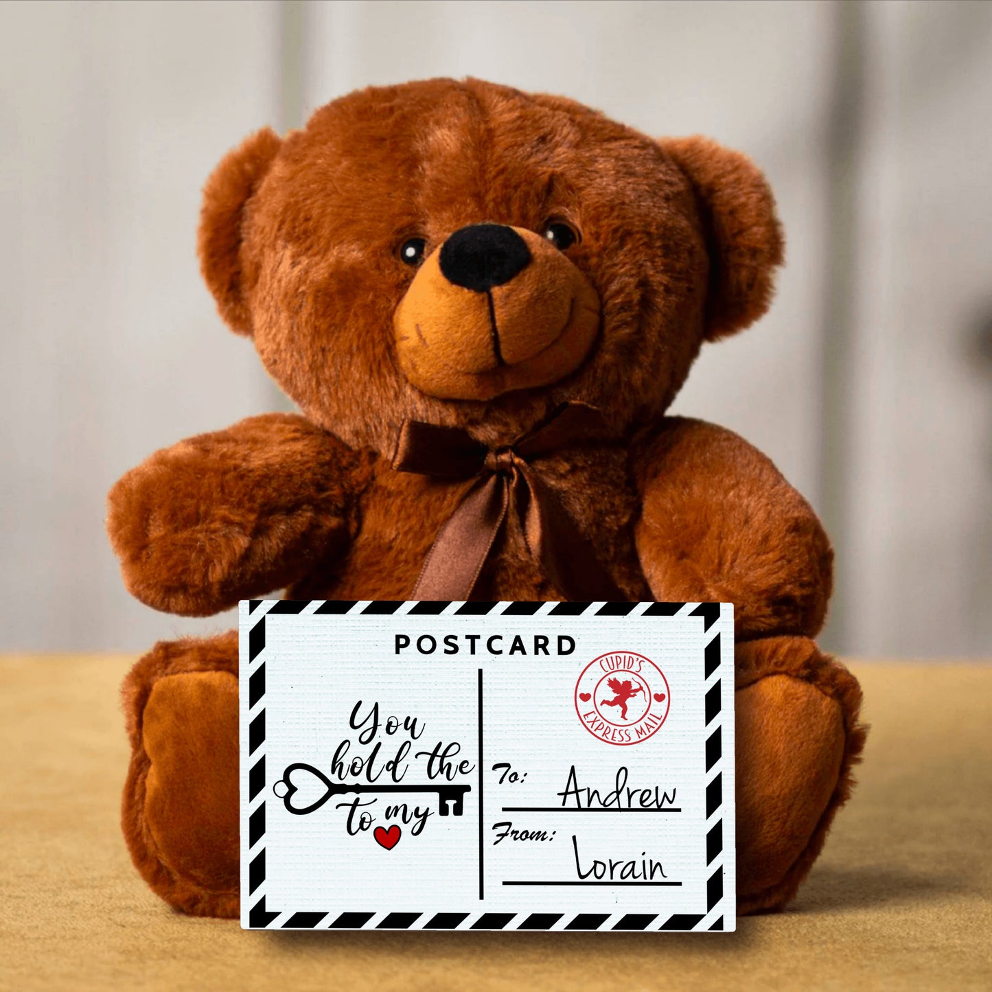 Soft Personalized Teddy Bear - Custom Post Card With Message - You Hold The Key To My Heart- Perfect Valentine's Gift