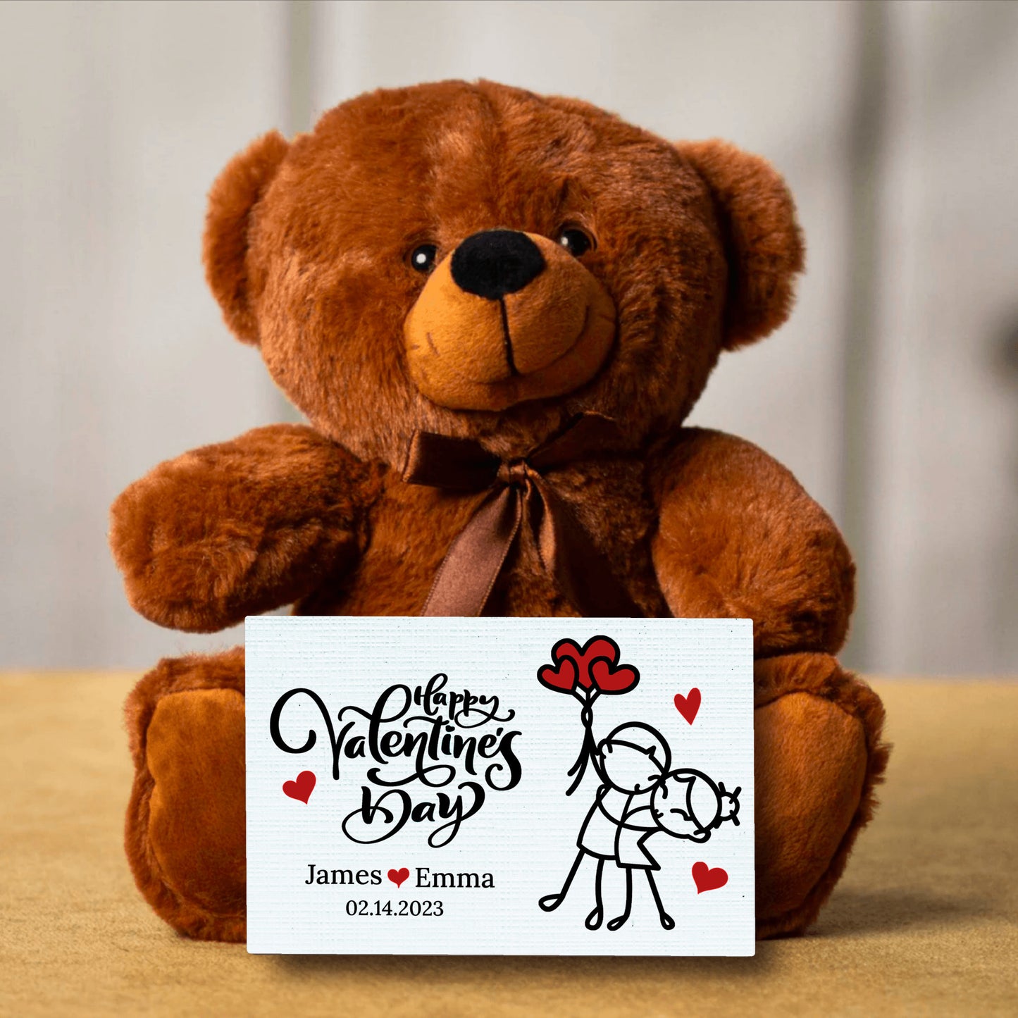 Soft Personalized Teddy Bear - Custom Post Card With Message - Happy Valentines Line Art Couple - Perfect Valentine's Gift