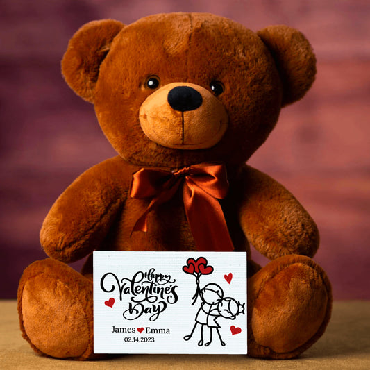 Soft Personalized Teddy Bear - Custom Post Card With Message - Happy Valentines Line Art Couple - Perfect Valentine's Gift