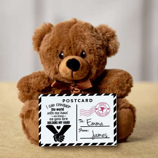Soft Personalized Teddy Bear - Custom Post Card With Message - I Can Conquer The World - Perfect Valentine's Gift