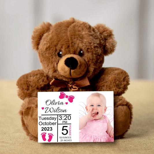Birth Announcement Gift for Baby, Teddy Bear Stuffed Animal, Personalized Name And Photo Newborn Gift, Baby Keepsake with Birth Stats, Baby Shower Gift