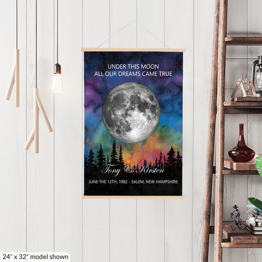 Personalized Moon Phase Wall Hanging – Custom Anniversary Canvas with Aurora Borealis – Wedding Gift